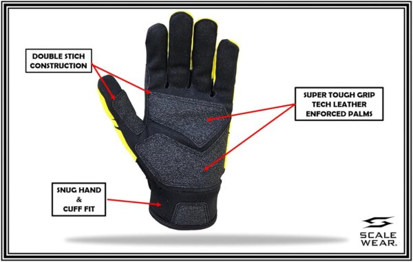 Stealth Black Padded Lineman Football Gloves - Yellow - Front of Hand