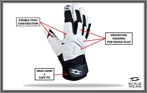 Stealth Black Padded Receiver Football Gloves - White - Back of Hand