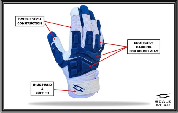 Stealth White Padded Lineman Football Gloves - Blue - Back of Hand