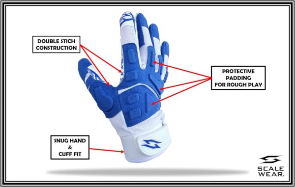 Stealth White Padded Receiver Football Gloves - Blue - Back of Hand