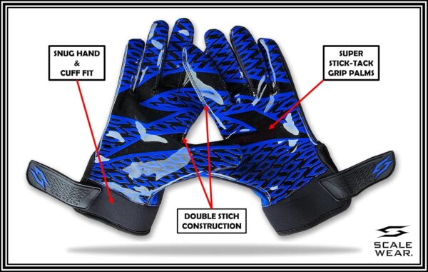 Stealth Black Receiver Football Gloves - No Pad - Blue - Front of Hand