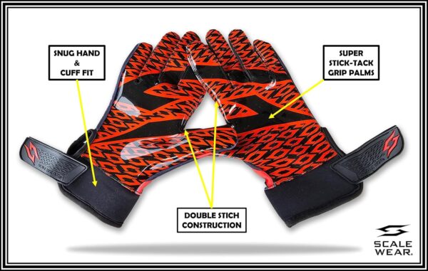 Stealth Black Receiver Football Gloves - No Pad - Red - Front of Hand