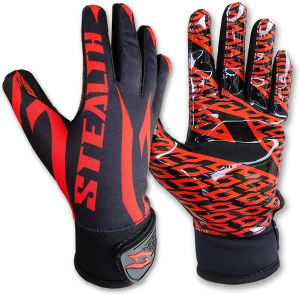 Stealth Black Receiver Football Gloves - No Pad - Red - Main Image