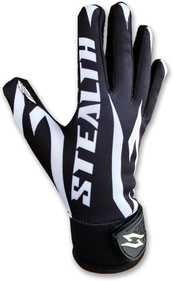 Stealth Black Receiver Football Gloves - No Pad - White - Back of Hand