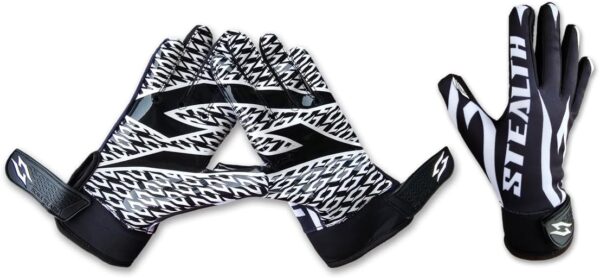 Stealth Black Receiver Football Gloves - No Pad - White - Front and Back