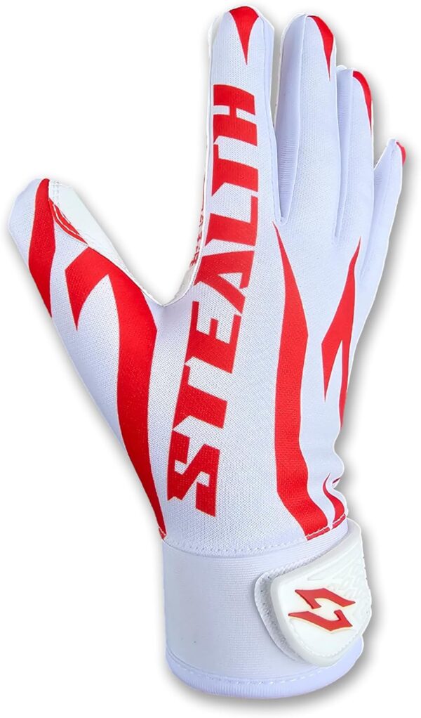 Stealth White Receiver Football Gloves - No Pad - Red - Back of Hand