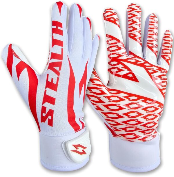 Stealth White Receiver Football Gloves - No Pad - Red - Main Image