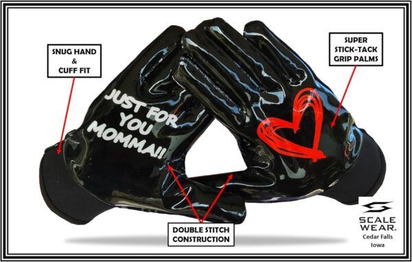 Just For You Momma Football Gloves - Black - Front of Hand