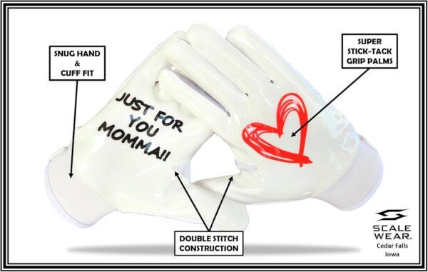 Just For You Momma Football Gloves - White - Front of Hand with Info