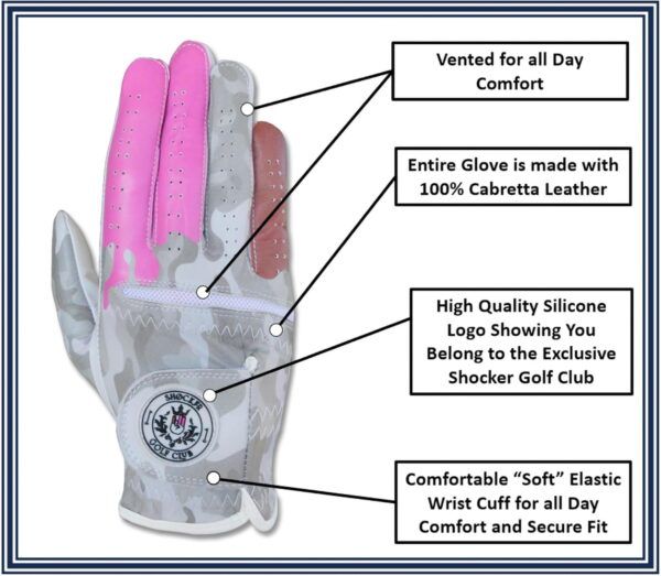 Shocker Camo Golf Glove - Gray Camo - Back of Hand with Info