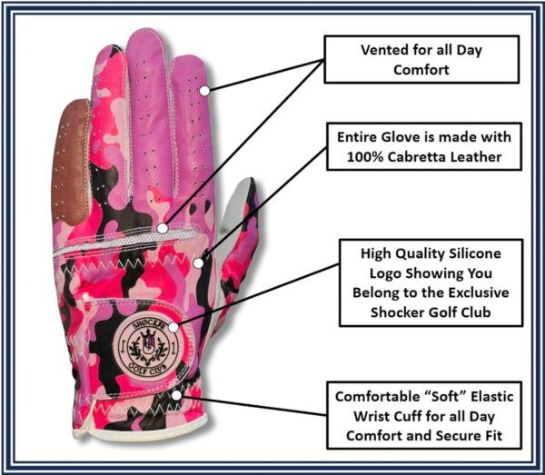 Shocker Camo Golf Glove - Hot Pink - Back of Hand with Info