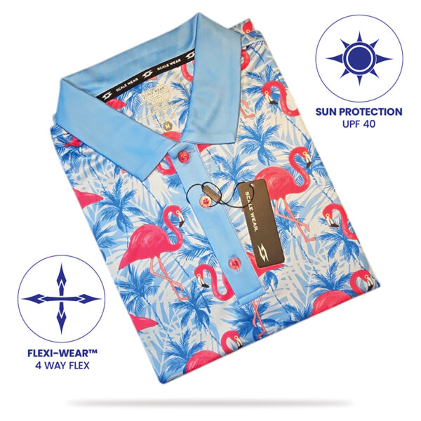 Golf Polo Shirt - Blue Palms Flamingo - Folded