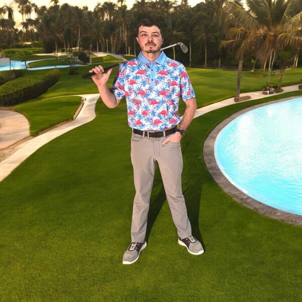 Golf Polo Shirt - Blue Palms Flamingo - In Action