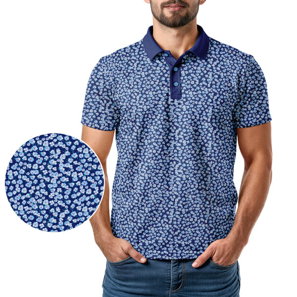 Geometric Blue Flowers Polo Shirt - Image 2