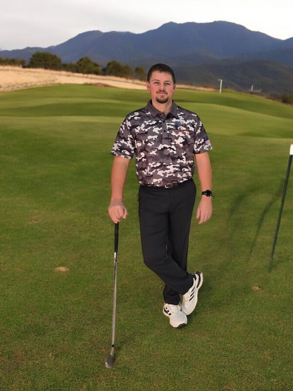 Golf Polo Shirt - Gray Camo Skull & Cross Clubs - In Action