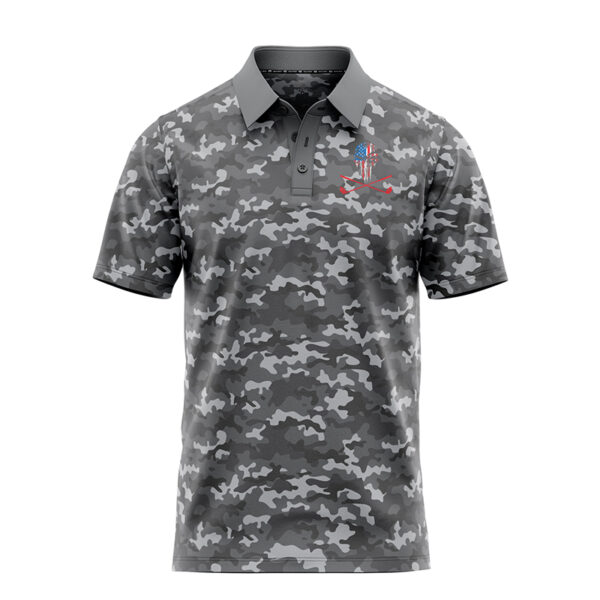 Patriotic Skull X-Clubs Polo Shirt - Golf Polo Shirt - Gray Camo - Main