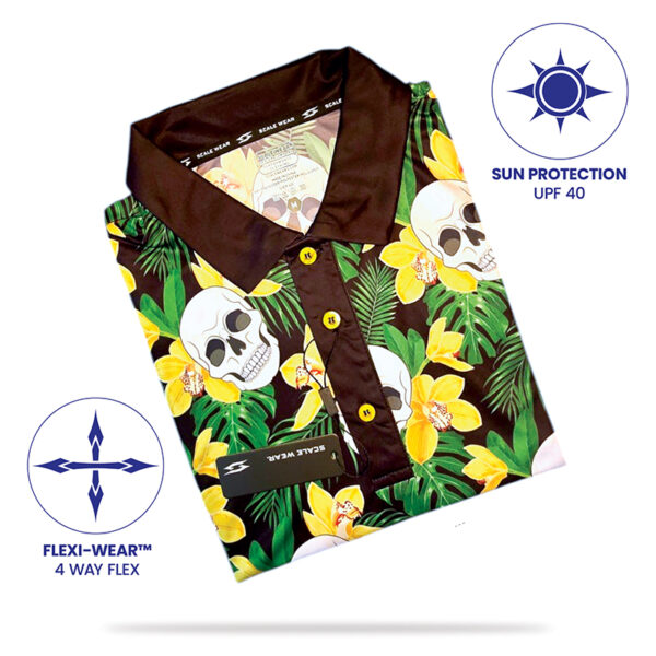 Golf Polo Shirt - Hawaiian Skull Flowers - Folded