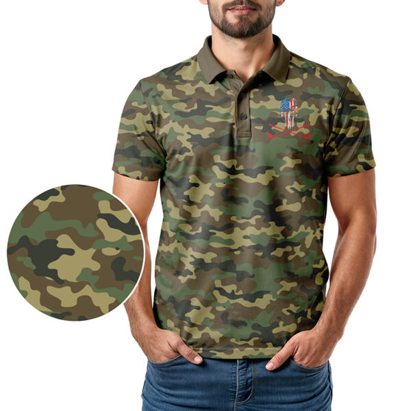 Patriotic Skull X-Clubs Polo Shirt - Golf Polo Shirt - Marine Camo - In Use