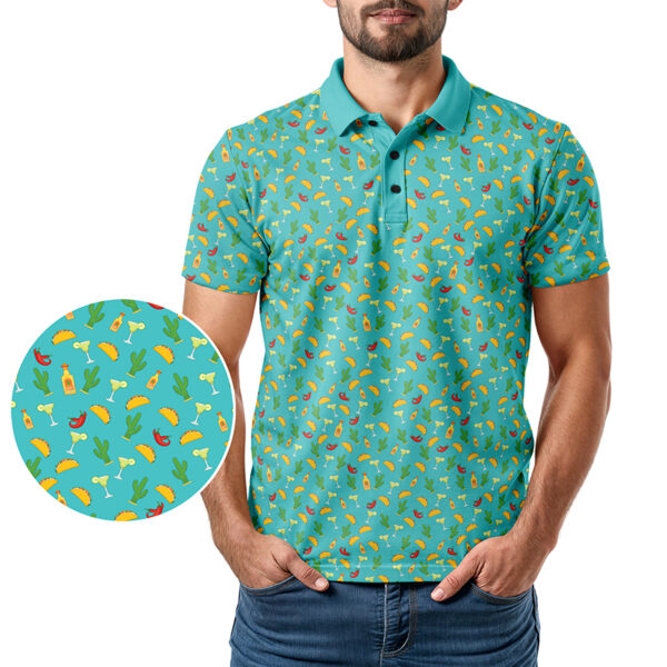 Tacos and Tequila Polo Shirt - Golf Polo Shirts - Teal - In Use