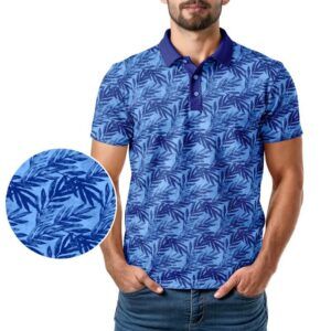 Blue Tropic Polo Shirt - Golf Polo Shirt - Blue Tropical Leaves - In Use - M-011
