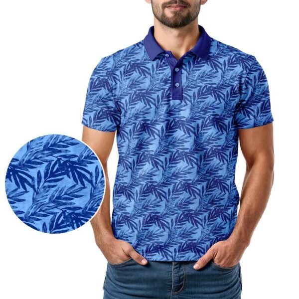 Blue Tropic Polo Shirt - Golf Polo Shirt - Blue Tropical Leaves - In Use - M-011