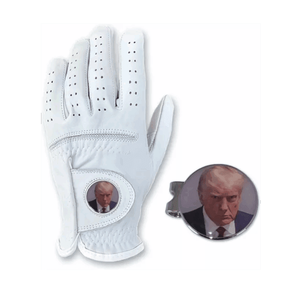 Golf glove with trump mugshot golf ball marker & hat clip