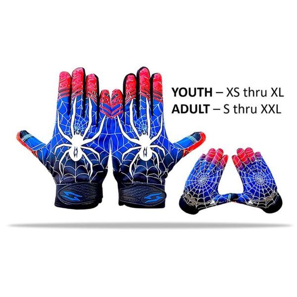 Spider football receiver gloves - themed football gloves - back with sizes