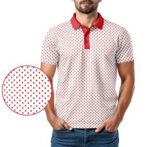Red Solo Cup polo shirt displayed on a model, featuring a white background with red cup patterns and a red collar, representing the playful golf apparel from Scale Wear Design.