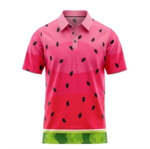 Watermelon polo shirt featuring a vibrant pink design with black seeds and a green camo hem, part of Scale Wears' golf apparel collection.