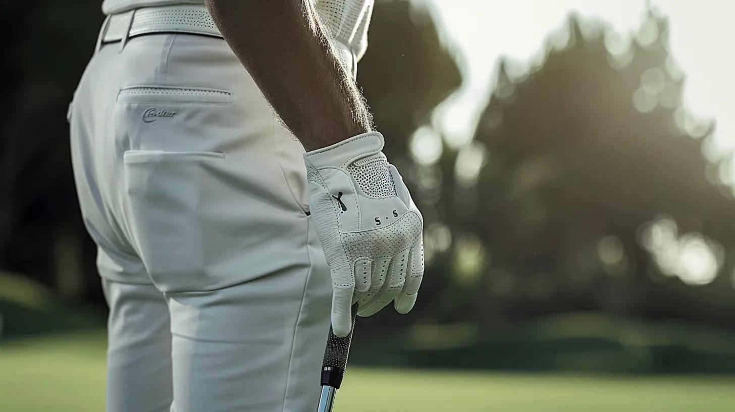 Golfer wearing premium white pants and a golf glove, holding a golf club, with a blurred green course background, illustrating comfort and style in golf apparel.