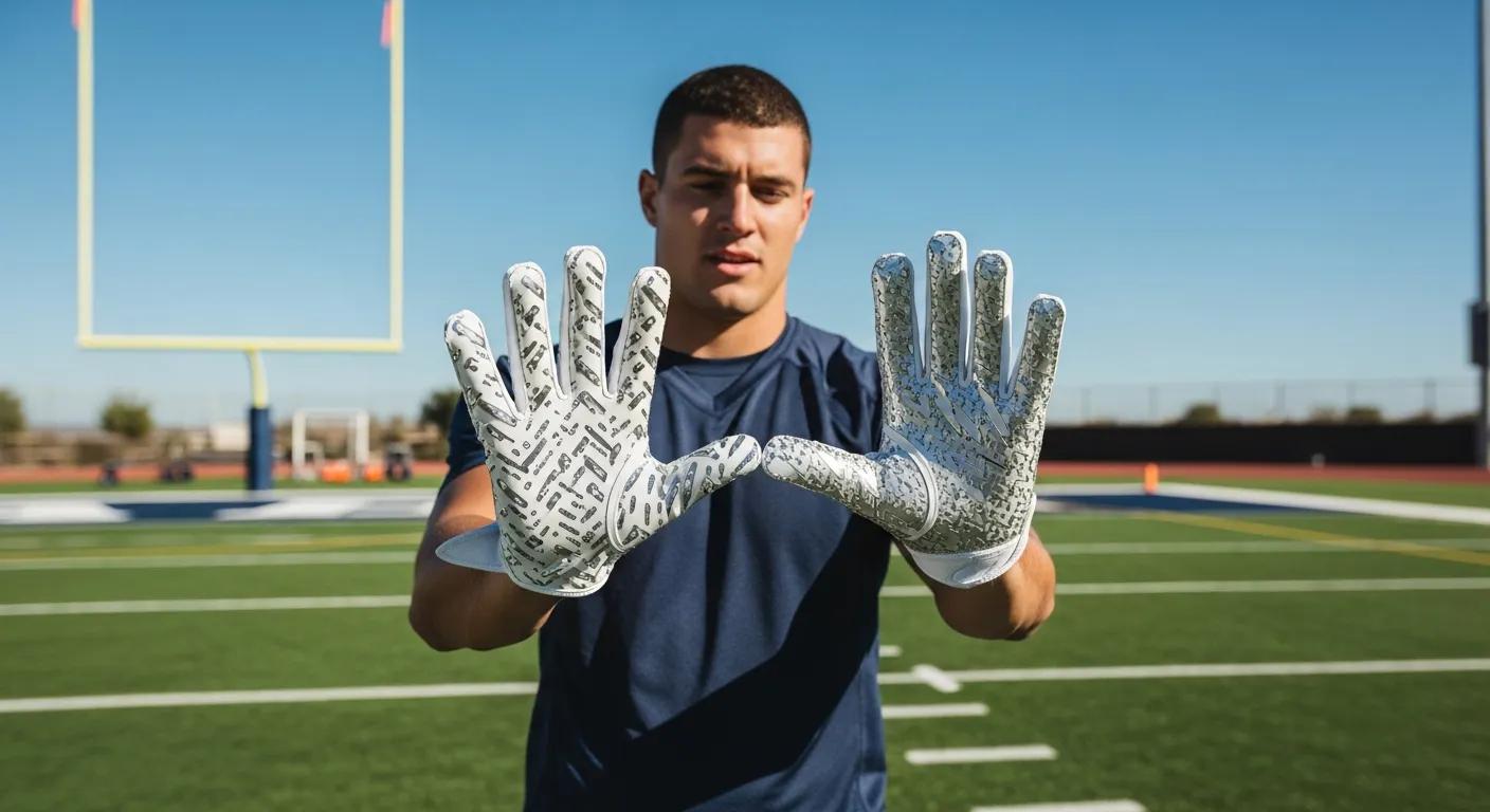 Football player showcasing receiver gloves on the field, emphasizing grip technology and design features, relevant to the comparison of receiver and lineman gloves.