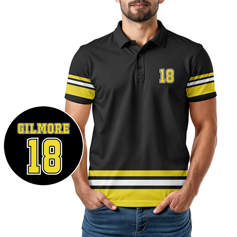 Man wearing a black custom college sports polo shirt with yellow stripes and the name "Gilmore" along with the number "18," representing team identity and spirit in athletic apparel.