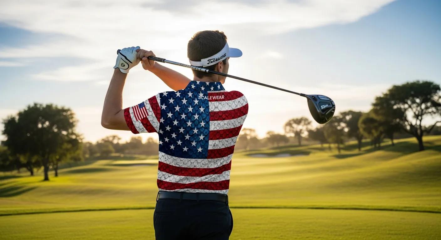 Golfer wearing Scale Wears activewear with American flag design, preparing to swing a driver on a golf course at sunset, symbolizing support for veterans.