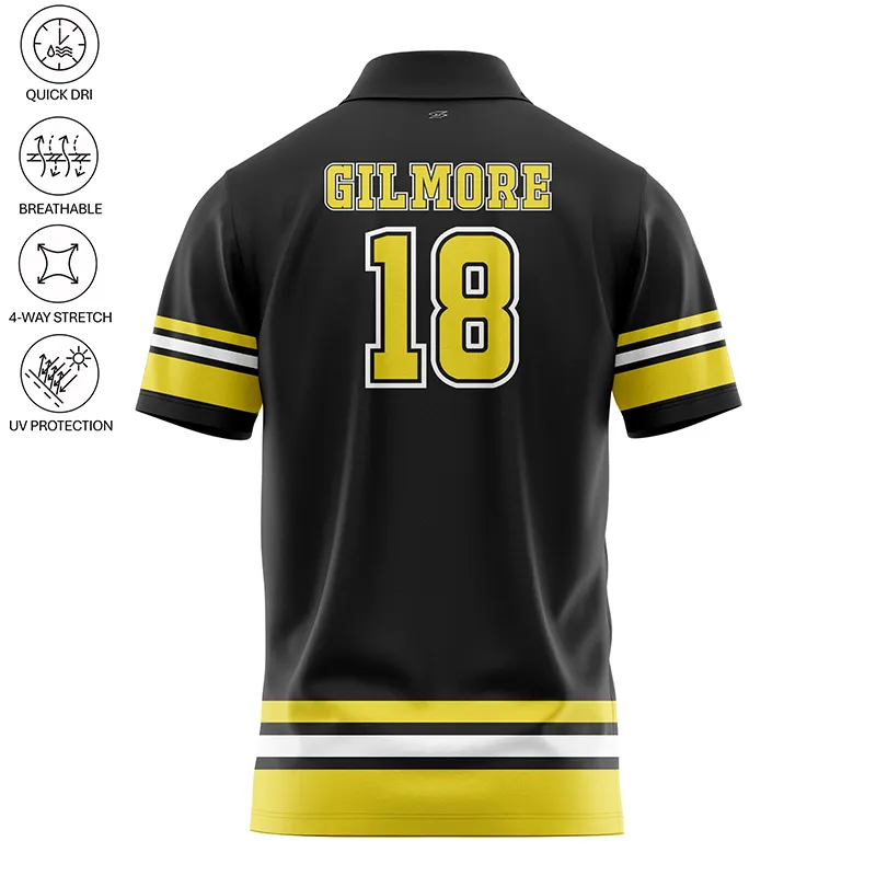 Custom college sports team polo shirt featuring the name "Gilmore" and number "18," designed with quick-dry, breathable fabric, 4-way stretch, and UV protection, showcasing team spirit and performance features.