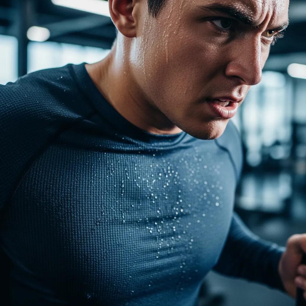 Close-up of an athlete in moisture-wicking athletic wear, showcasing sweat management and comfort during intense exercise.