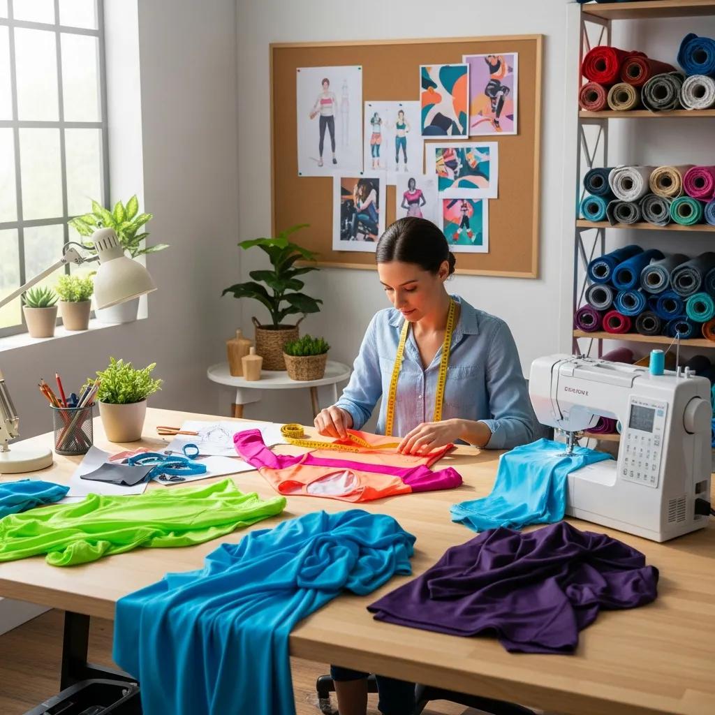 Designer creating custom activewear with colorful fabrics and sketches