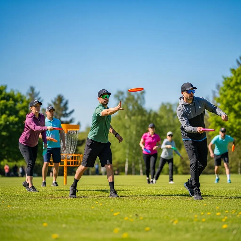 Diverse group of disc golfers in stylish activewear throwing discs on a sunny course, showcasing performance apparel for optimal play.