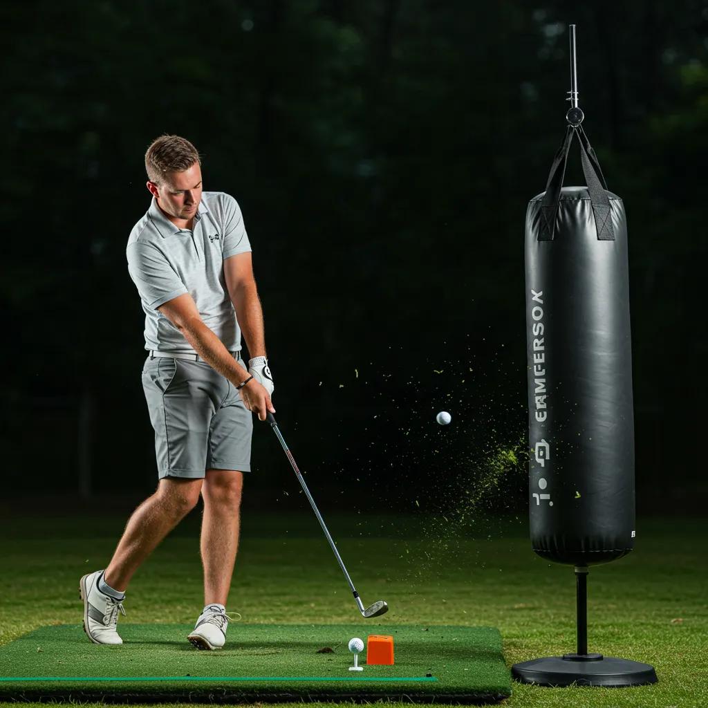 Golfer practicing impact bag drill to enhance swing power