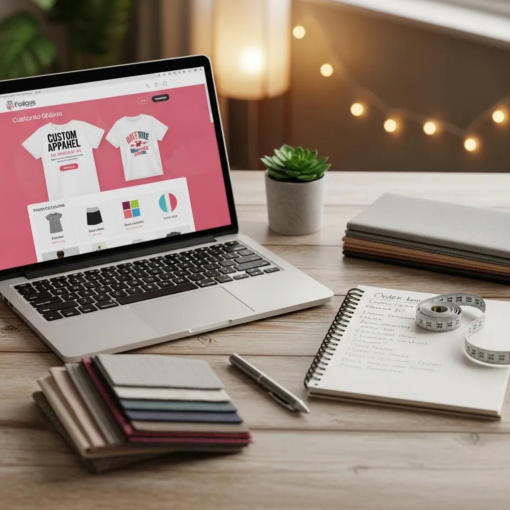 Laptop displaying custom apparel options with design mockups, surrounded by fabric swatches, a notebook with ordering details, a measuring tape, and a small potted plant, illustrating the custom apparel ordering process.