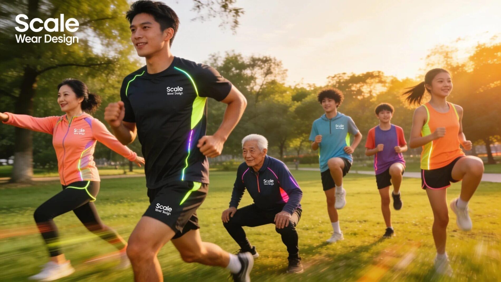Models wearing stylish athletic apparel showcasing Scale Wear Design's focus on quality and performance in an outdoor workout setting