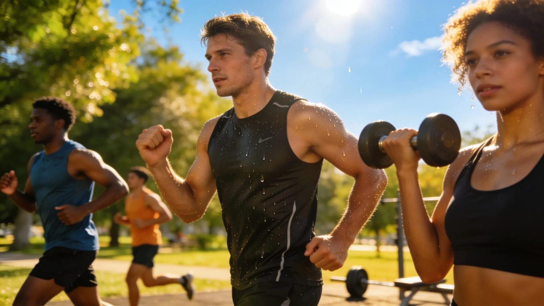 Athletes training outdoors in moisture-wicking apparel, demonstrating comfort and performance