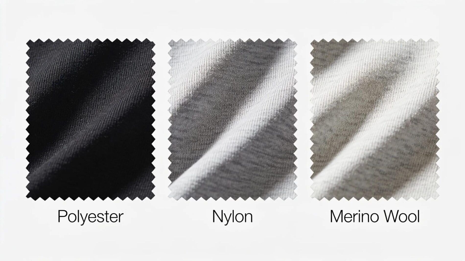 Close-up of moisture-wicking fabrics like polyester and merino wool