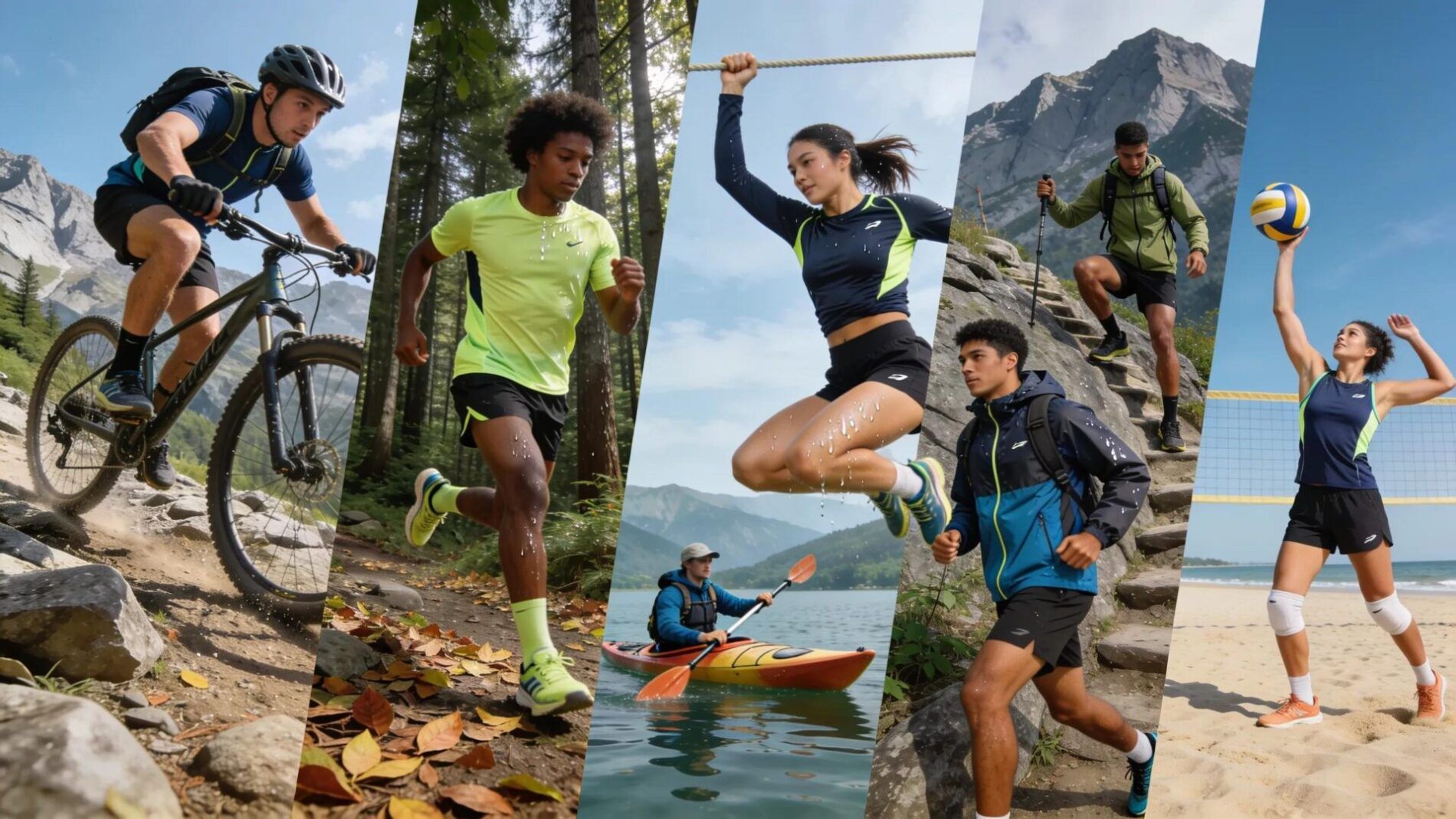 Athletes enjoying outdoor sports in premium athletic gear, showcasing versatility and performance