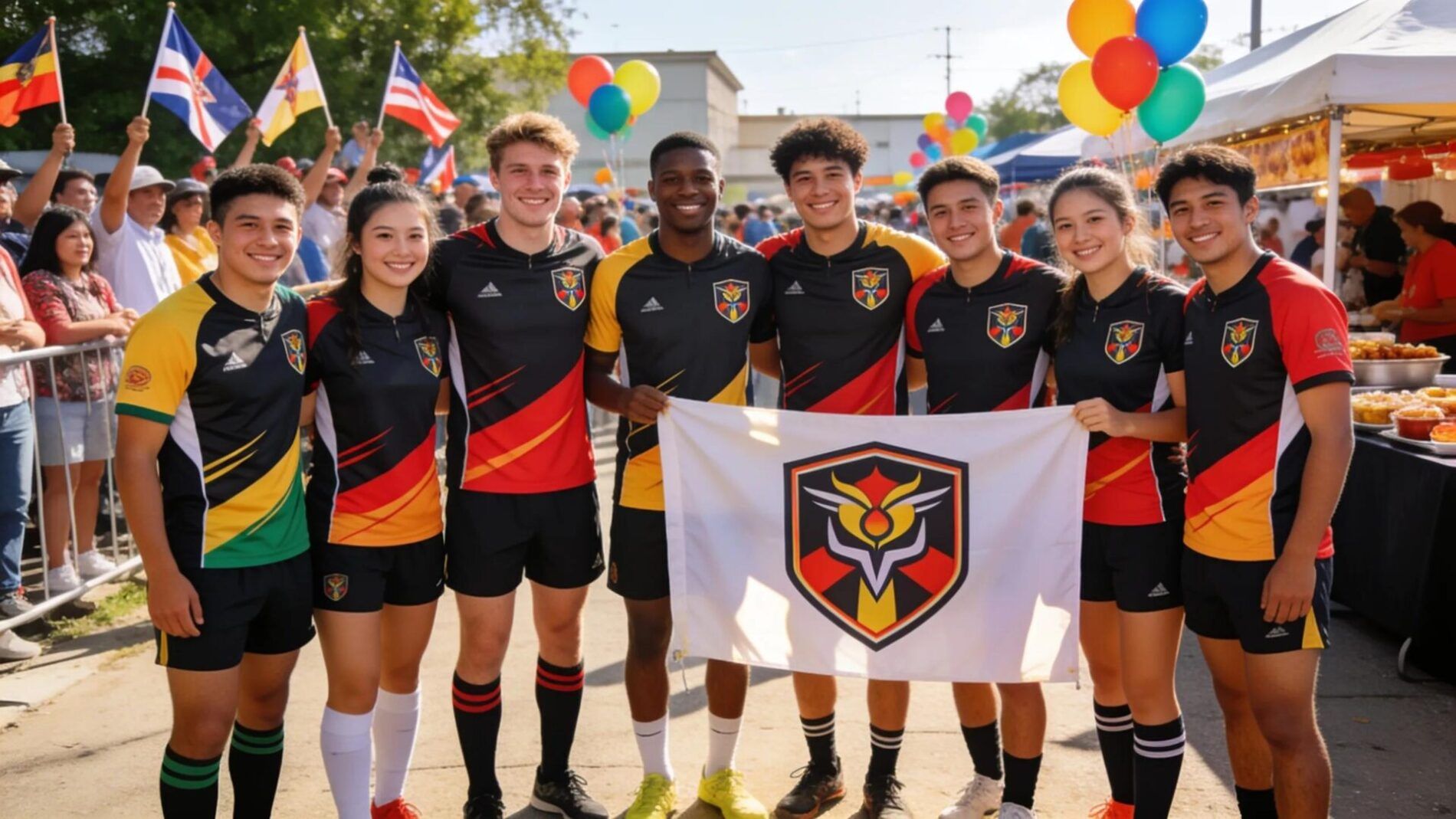 Team of athletes in personalized branding sportswear fostering community engagement and team spirit